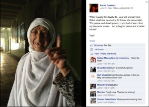 ©Asma Nassery on Facebook: 80+ Woman voting at the 2014 Afghanistan Elections in which estimated 250 people were killed.